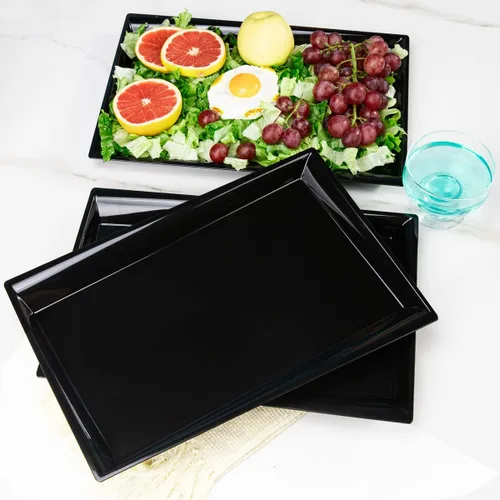 Vista 4 de Supernal Paquete de 12 bandejas de plástico negro para servir, bandejas de plástico de 15 x 10 pulgadas, bandeja de plástico de comida rápida