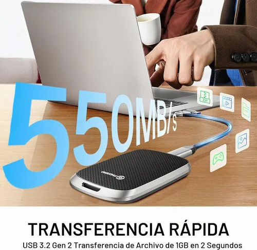 Vista 2 de PHIXERO SSD externo portátil de 256 GB hasta 550 MB/s, USB 3.2 Gen 2 USB C a C y A para smartphone/tablet/PC/portátil/cámara (negro)