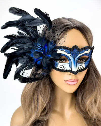 Vista 2 de Elegante máscara de plumas para mascarada, Mardi Gras, máscaras burlesque para mujer, disfraz de plumas, máscaras venecianas