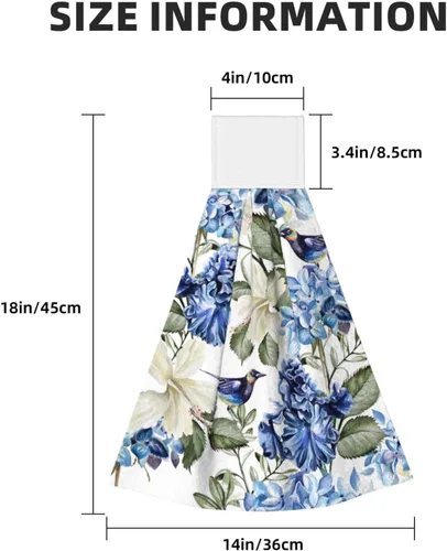 Vista 3 de Juego de 2 toallas de mano colgantes de hortensias azules, acuarela, primavera, pájaro, con lazo para colgar, toallas suaves y absorbentes para baño