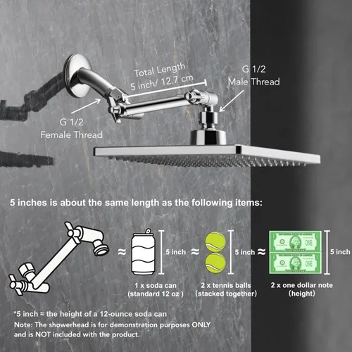 Vista 5 de Brazo de extensión para cabezal de ducha ajustable de 5 pulgadas, con tornillo de fijación con seguro, de latón cromado con ángulo ajustable