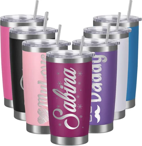Vista 8 de Vasos personalizados con tapas y pajitas, vasos de acero inoxidable grabados con láser personalizados de 20 onzas con nombre y texto, taza de café