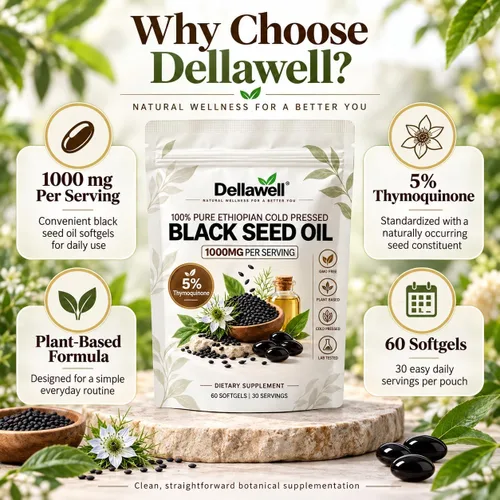 Vista 4 de Dellawell - Cápsulas blandas de aceite de semilla negra etíope, 1000 mg por porción, 5% timoquinona, suplemento de semillas negras prensadas