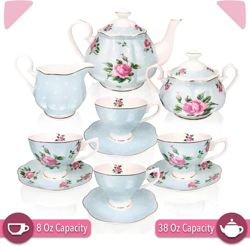 Vista 3 de BTaT - Juego de té floral para adultos, 13 piezas, servicio para 4, olla (38 onzas) y tazas (8 onzas) con platillos, diseño floral azul pastel