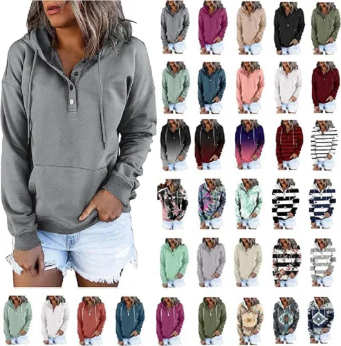 Vista 2 de Sudaderas de otoño para mujer, moda 2023, manga larga, invierno, casual, cómodas, con botones, ropa de Drwastring