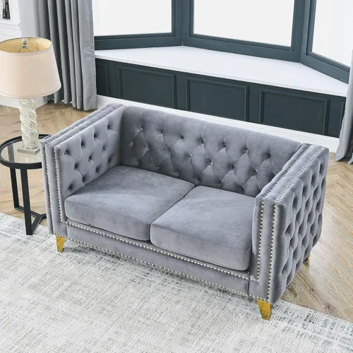 Vista 10 de Sofá moderno de terciopelo de 3 plazas, beige de 80 pulgadas con botones copetudos, con brazos cuadrados, para sala de estar, tapizado con botones