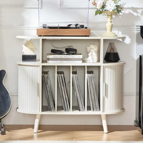 Vista 10 de LELELINKY - Pequeño soporte redondo para tocadiscos con estación de carga y estante de exhibición estriado, gabinete de tocadiscos negro de mediados