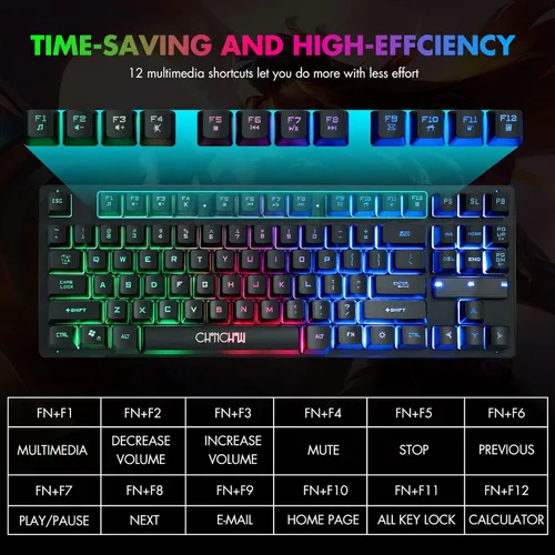 Vista 6 de CHONCHOW - Teclado compacto para juegos con cable USB de 87 teclas, teclado LED de arco iris, retroiluminado sin teclas, teclado TKL, teclado RGB