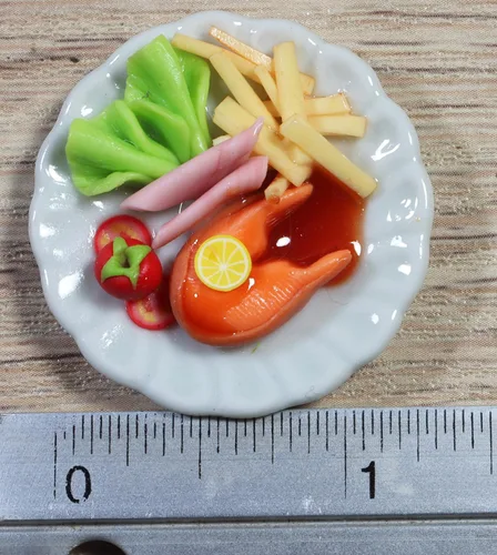 Vista 6 de Juego de 5 alimentos surtidos para casa de muñecas de desayuno (escala 1/6), salchichas, filete de salmón, tocino, hamburguesa y huevo frito