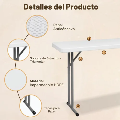 Vista 5 de Mesa plegable de 5 pies, estrecha, portátil, de plástico, resistente, mesa de seminario rectangular de polietileno de alta densidad con asa