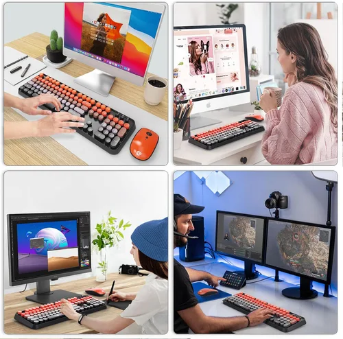 Vista 7 de FOPETT Combo de teclado y mouse inalámbricos, 2.4G de tamaño completo, lindo mouse y teclado coloridos con 104 teclas redondas, teclado retro
