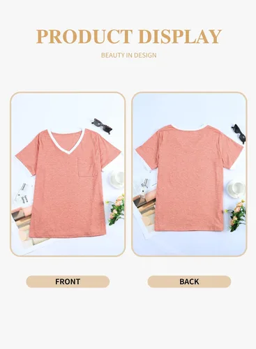Vista 27 de Eytino Blusas de talla grande para mujer, cuello en V, manga corta, a rayas, casual, holgada, con bolsillo (1X-5X)
