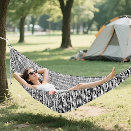 Vista 7 de ALAZA Hamacas tribales bohemias negras para acampar individuales o 2 personas, 500 libras, hamaca portátil de viaje con correas de árbol