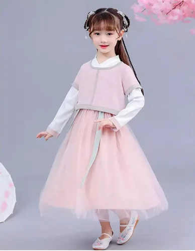 Vista 4 de Cosplay Life Vestido chino Hanfu para niñas, vestido chino de Año Nuevo, manga corta, Cheongsam bordado, traje de otoño