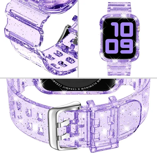 Vista 232 de DABAOZA - Correa transparente compatible con Apple Watch con estuche protector, correa deportiva de TPU con brillo para mujeres y hombres