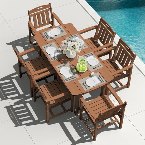 Vista 10 de Mesa de comedor rectangular para exteriores, mesa de polietileno de alta densidad resistente para 6, mesa de patio resistente a la intemperie