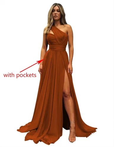 Vista 4 de Clothfun Vestidos de fiesta de un hombro para mujer, con bolsillos, abertura larga, acampanados, plisados, de gasa, vestidos de noche formales