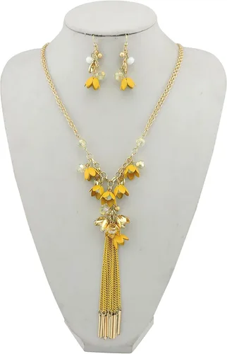 Vista 2 de BOCAR Cadena larga de 2 capas con dije de flor único, borlas y aretes, juego de joyería para mujer, Acrílico