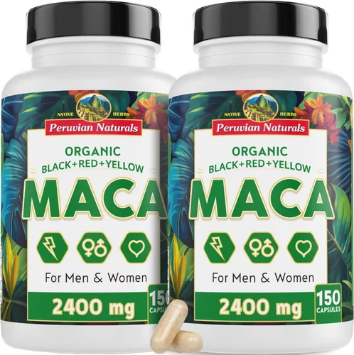 Vista 7 de Cápsulas de raíz de maca orgánica para mujeres y hombres, 2400 mg por porción, 150 píldoras, suplemento de maca negra, roja y amarilla, raíz de maca