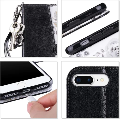 Vista 8 de ULAK - Funda tipo cartera para iPhone 8 Plus/iPhone 7 Plus, color negro Funda de piel sintética prémium con tarjetero [bloqueo RFID], función