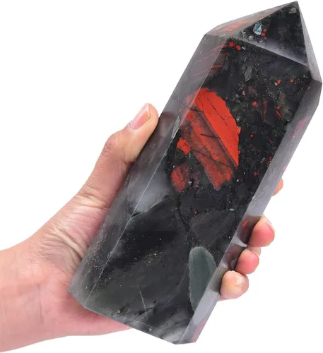 Vista 2 de AMOYSTONE Torre de piedra curativa grande de piedra de sangre africana, varita de cristal curativo, obelisco de punta hexagonal, irregular, 2-2.5