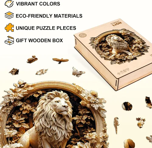 Vista 3 de Rompecabezas de madera para adultos, rompecabezas de madera de león del bosque, efecto visual 3D, forma única, rompecabezas de madera de animales