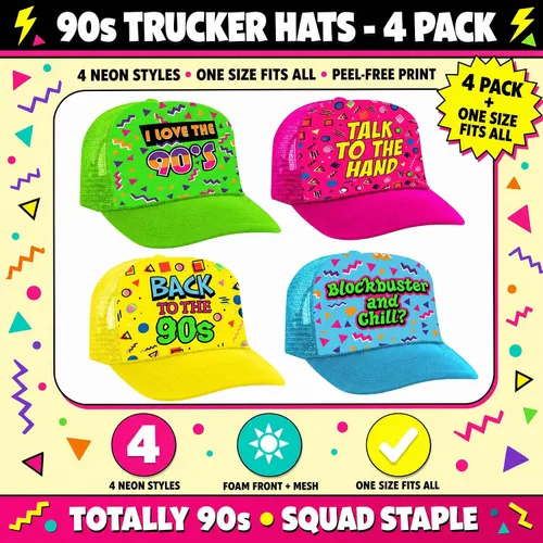 Vista 3 de Sterling James Co. Throwback - Sombreros de fiesta de los años 90 (paquete de 4) – Divertidos sombreros de camionero con temática de los años 90