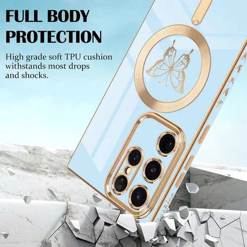 Vista 3 de Funda magnética para Samsung Galaxy S23 Ultra 5G, bonita funda de lujo con borde chapado de mariposa para mujeres, niñas y hombres, TPU suave, a