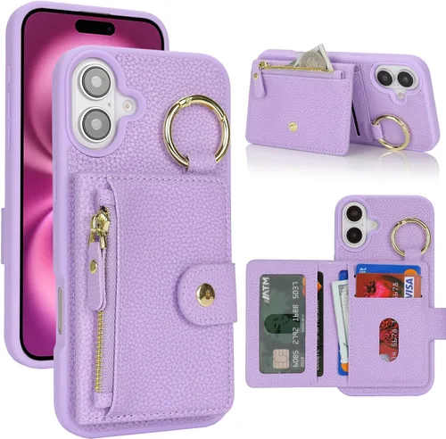 Vista 56 de Funda para iPhone 14 Plus con tarjetero, color negro Funda con cremallera y ranura para mujer y hombre