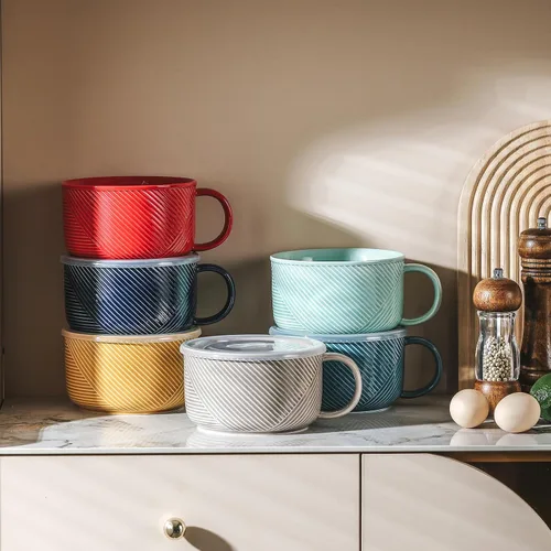 Vista 3 de Tazón de sopa de gran tamaño con asa: taza de sopa de cerámica de 38 onzas con tapa, apto para microondas, contenedor de almacenamiento de alimentos