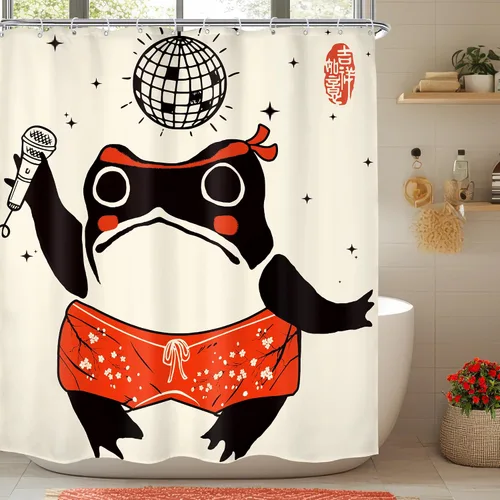 Vista 31 de Juego Divertido de Cortina de Rana Retro para Ducha, Juego de Baño 48x71 Pulgadas, Estilo Asiático Lindo, Arte Japonés Tradicional de Pato de Goma