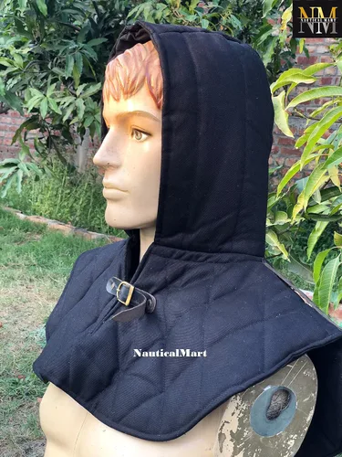 Vista 2 de Collar de armadura medieval renacentista de algodón acolchado y gorra de armado, cuello gorget, correa y hebilla, protector de cabeza de cuello