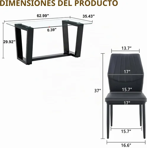 Vista 2 de Juego de mesa de comedor de cristal para 4, juego de mesa de cocina moderno de 63 pulgadas con parte superior de vidrio templado, base trapezoidal
