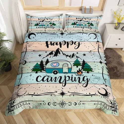 Vista 36 de Erosebridal Juego de funda de edredón de cabaña de cabaña, ropa de cama individual para niños, funda de edredón de campamento feliz, ropa de cama
