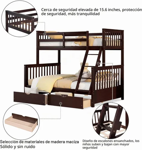 Vista 4 de Merax Litera de madera con dos cajones, litera de madera convertible con escaleras y dos cajones de almacenamiento, marco de cama desmontable