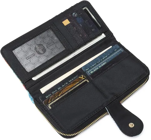 Vista 9 de Cartera de mano para mujer, estilo bohemio, con RFID, elegante, espaciosa con correa para viajes, capacidad para tarjetas, teléfono, dinero
