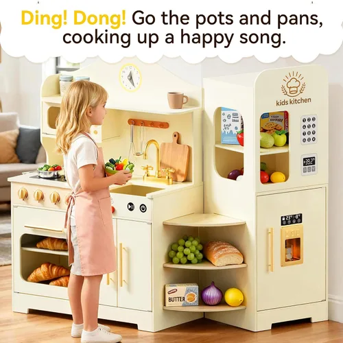 Vista 7 de Juego de cocina para niños con diseño giratorio, juego de cocina de madera para niños con máquina de hielo, juego de cocina de juguete para niños