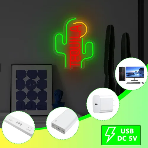 Vista 3 de Letrero de neón de tequila de cactus, letreros de neón para decoración de pared, letreros LED regulables para dormitorio, letreros estéticos