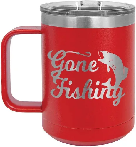 Vista 7 de GONE FISHING Taza de café negra de 15 oz con tapa deslizante Taza de café de viaje aislada Ideas de regalos de cumpleaños o Navidad de mujeres u