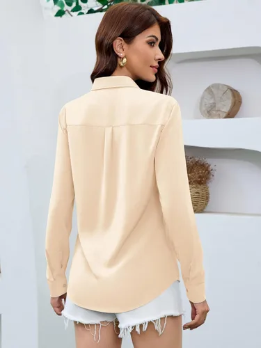 Vista 5 de Camisas Premium de Seda Satinada Suave y Transpirable con Botones para Mujer, Blusas de Manga Larga, Tops de Trabajo Casuales
