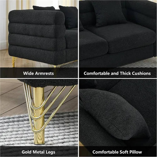 Vista 4 de mikibama Sofá de Dos Plazas Moderno Teddy, Sofá Seccional de 60 Pulgadas, Sofá Profundo de Lujo de 2 Plazas con 2 Almohadas y Patas de Metal Dorado