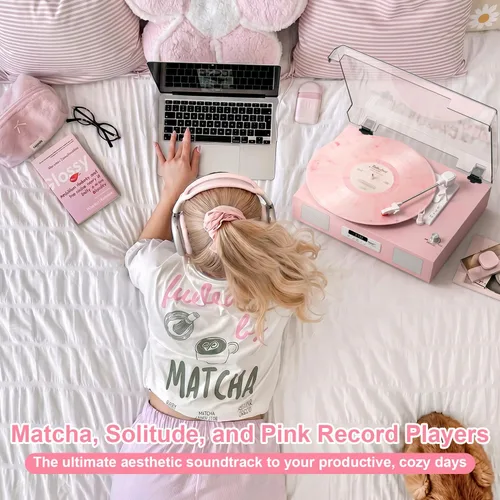 Vista 8 de Vinyl Record Player with Stereo Speakers Turntable USB Recording, Pink,Built-in Speakers, 3-Speed Belt Drive, RCA Line-Out AUX-in, Auto Stop