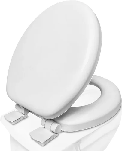 Vista 2 de Plexon Asiento de inodoro acolchado suave, blanco redondo, tapa y asiento de cierre lento, bisagras de liberación rápida, fácil de limpiar