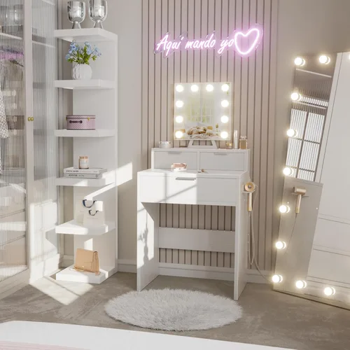 Vista 2 de BOLUO Escritorio de Maquillaje Blanco con Espejo de Hollywood y Luces, Mesa Compacta de Maquillaje para Niñas con Cajones y Enchufe para Dormitorio