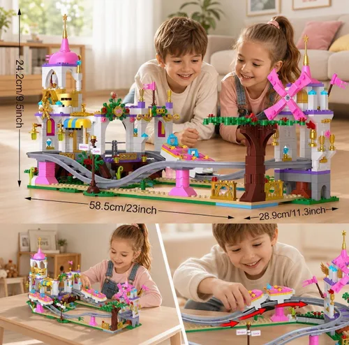 Vista 6 de Juego de construcción de montaña rusa de castillo, kit de construcción de parque de atracciones STEM para niños, bloques de juegos rosa creativos