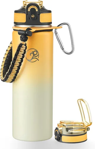 Vista 14 de GOSWAG - Botella de agua de viaje de acero inoxidable aislada de 24 onzas, 2 tapas with straw and no straw, Paracord handle, Double-wall vacuum