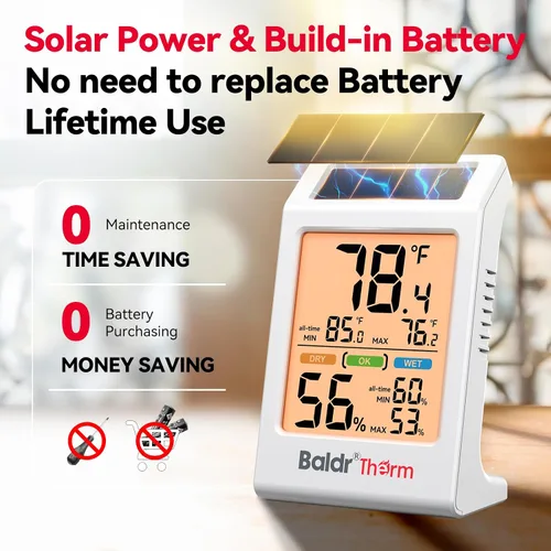 Vista 3 de BaldrTherm Room Thermometer Indoor, Humidity Meter, 2026 Upgrade Backlit Digital Humidity&Temperature Monitor Solar Powered MAX MIN Record