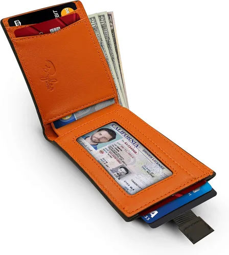 Vista 4 de Bryker Hyde Cartera de cuero delgada plegable con bloqueo RFID para hombres, bolsillo frontal, bolsillo para facturarecibo, Negro y naranja