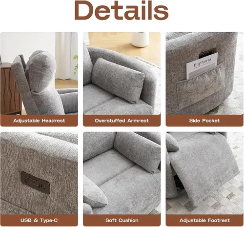 Vista 7 de Sillón reclinable eléctrico de gran tamaño con masaje y calor, mecedora con reposacabezas ajustable, sillón reclinable giratorio con 2 almohadas