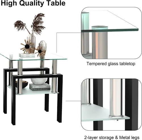 Vista 7 de Juego de 3 mesas auxiliares de cristal para sala de estar, mesa auxiliar de sofá con almacenamiento, patas de metal negro, mesa central rectangular